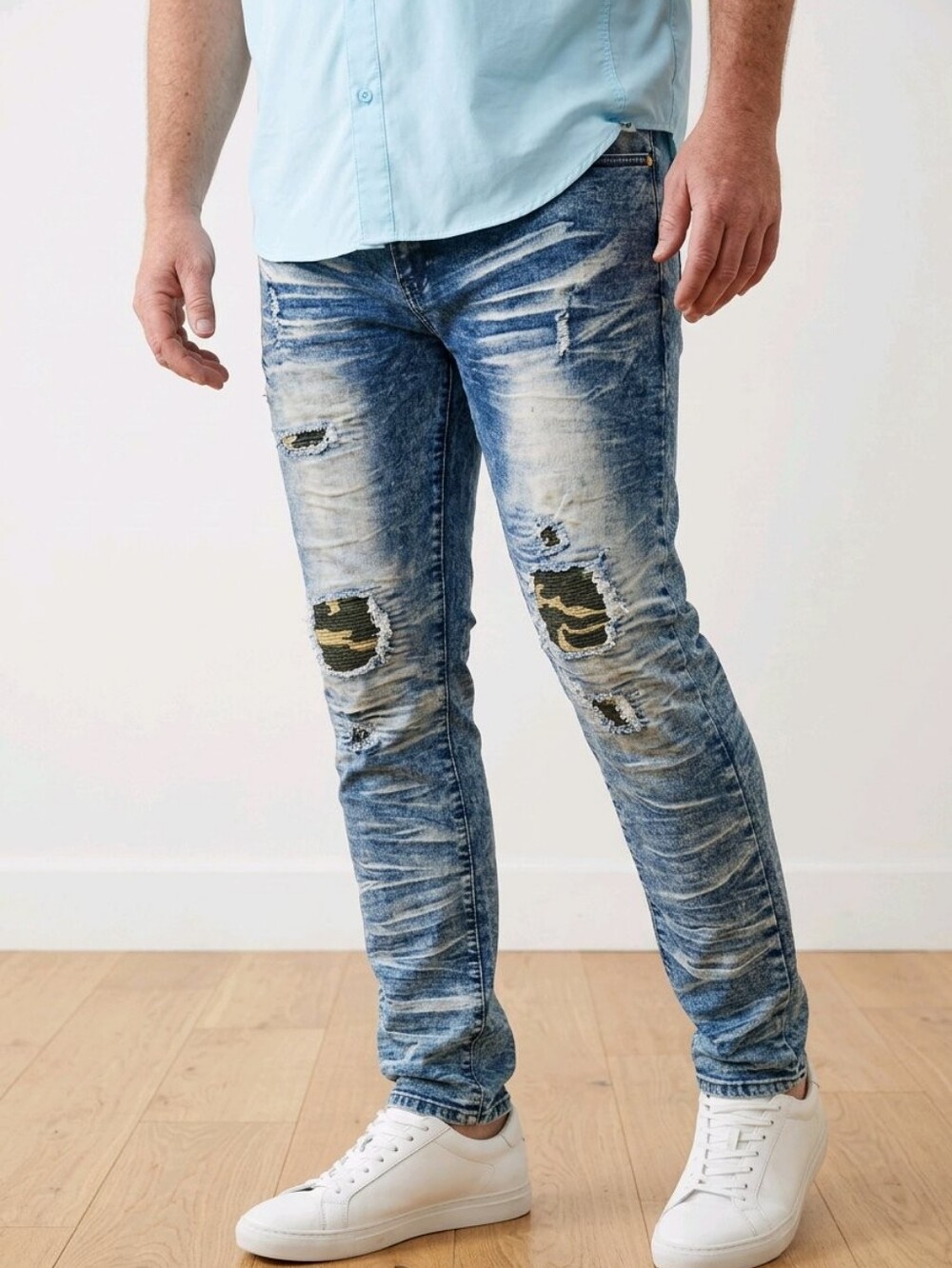 Demolition Jeans Men 38x30 Distressed Acid Wash Slim Fit Camo Patch Denim